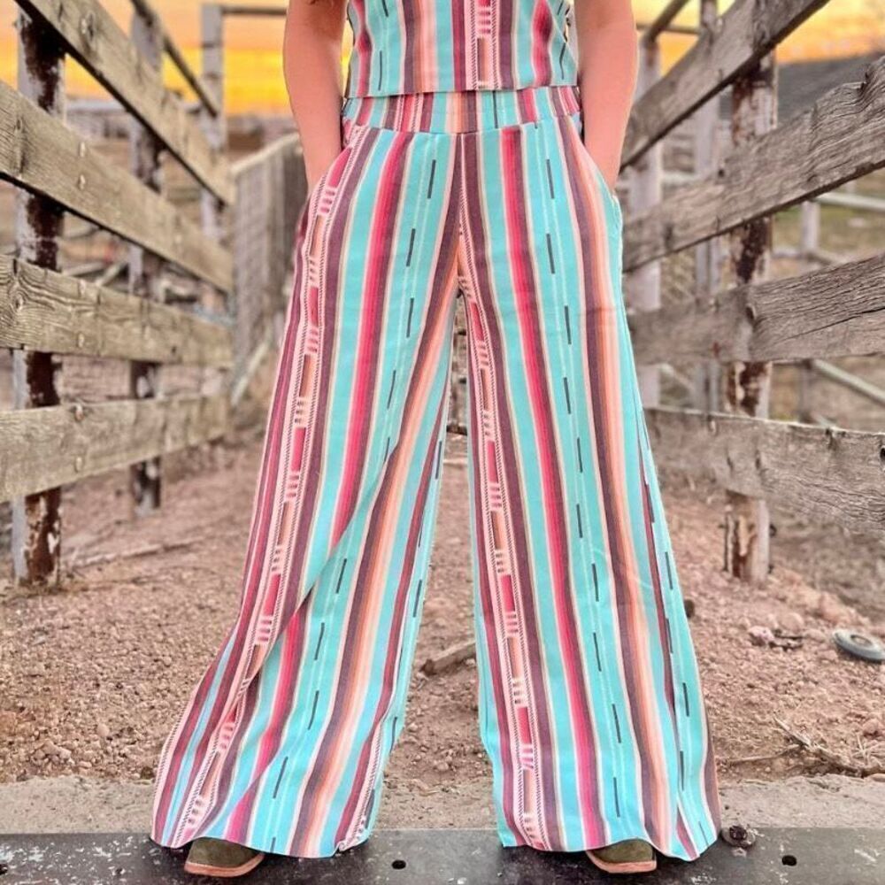 Western Serape Striped Print Palazzo Wide Leg Rodeo Ready Boho Pants